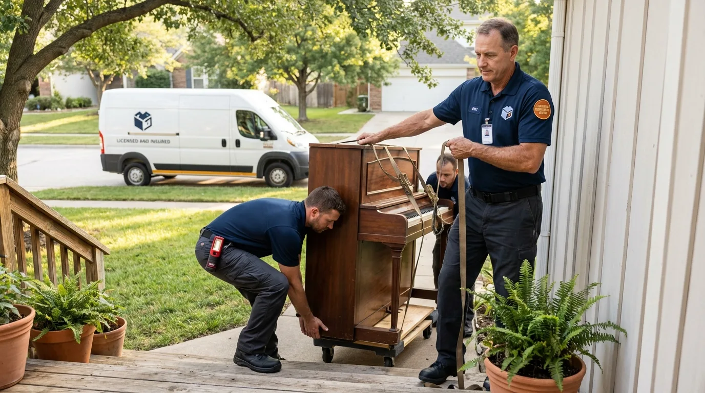 Licensed piano movers securing grand piano in New Hope, AL