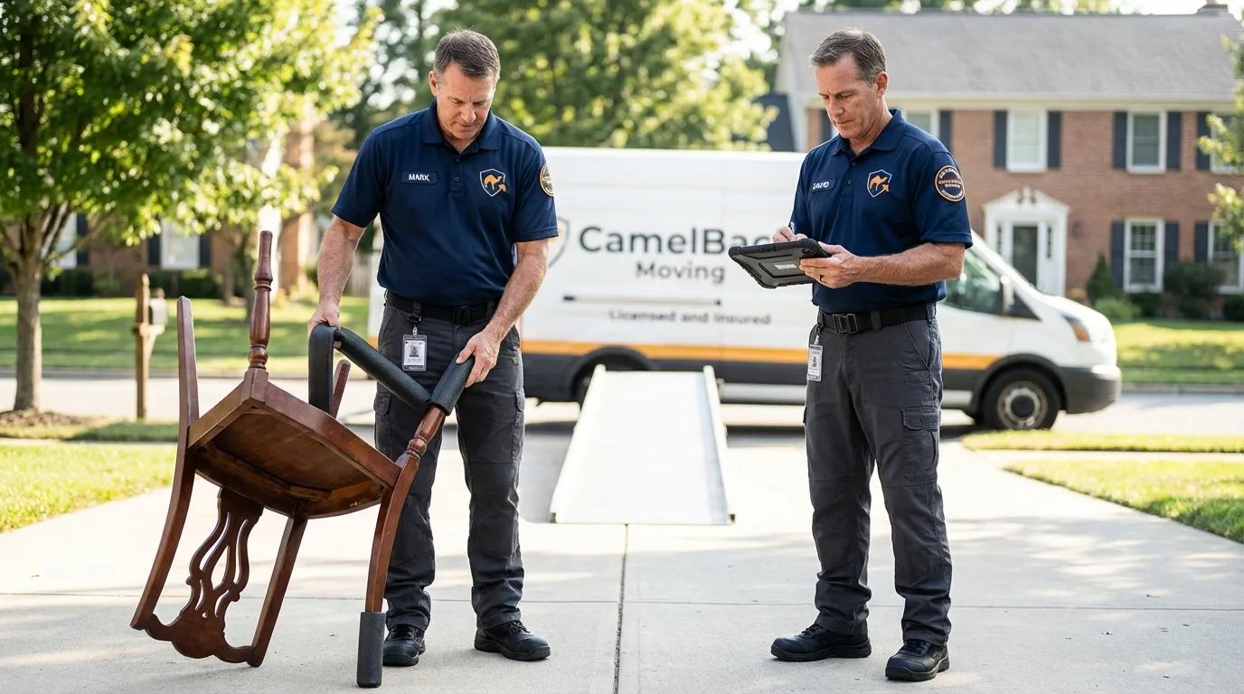 Movers inspecting furniture for damage prevention before loading in New Hope, AL