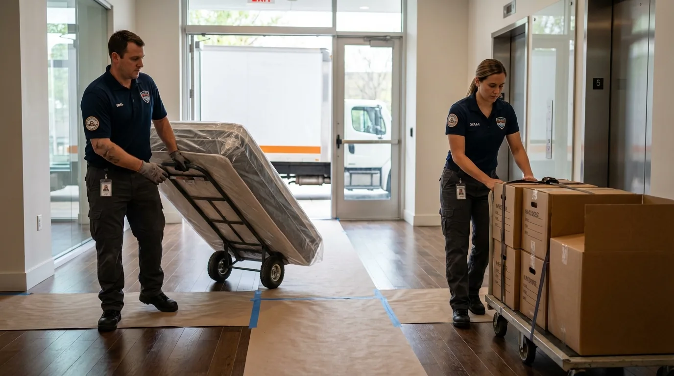 Professional apartment movers loading elevator in New Hope, AL