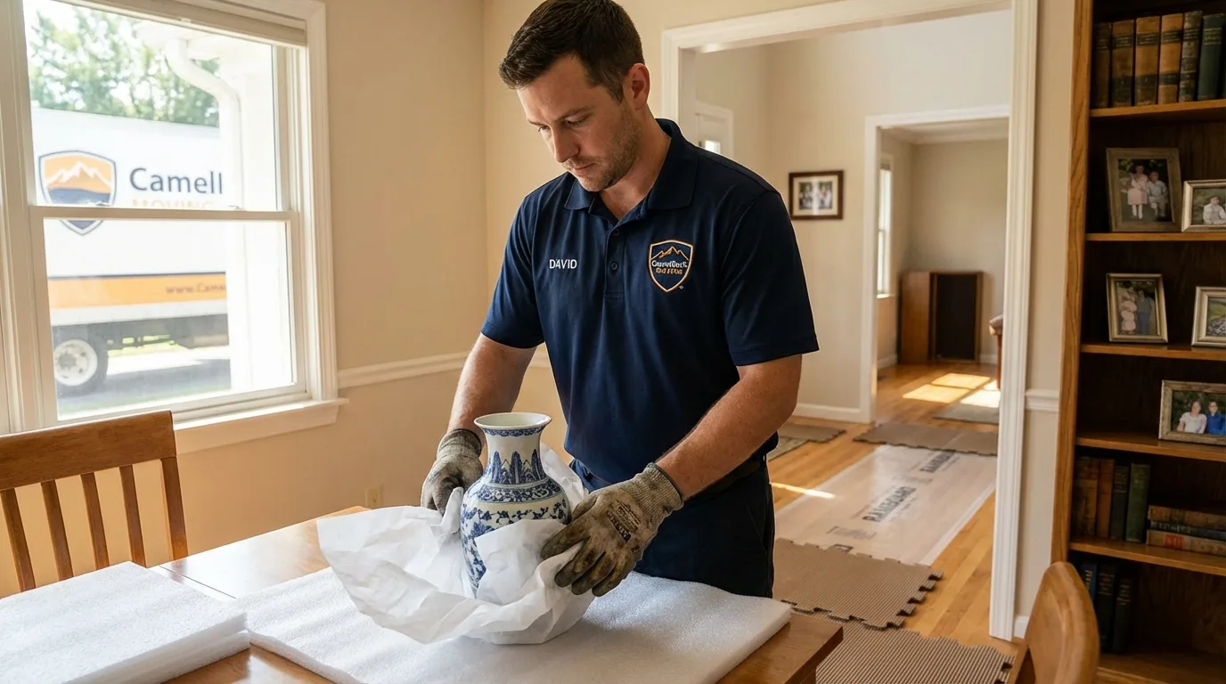 Professional crew carefully wrapping antique vase for senior downsizing move in New Hope, AL
